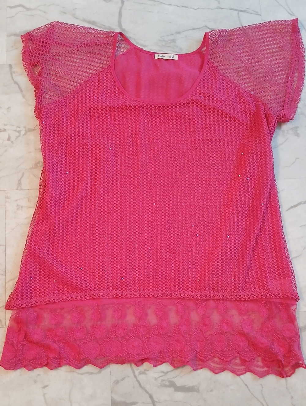 Indigo Soul Hot Pink Fisherman Net/Sequins Top Large
